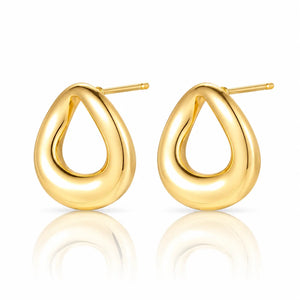 A pair of polished gold teardrop-shaped hoop earrings with post backs, displayed on a clean white background with a soft reflection below.
