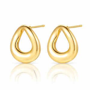 A pair of polished gold teardrop-shaped hoop earrings with post backs, displayed on a clean white background with a soft reflection below.
