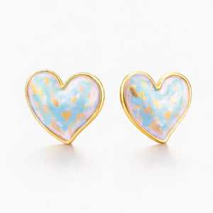 Pastel aura heart stud earrings with gold trim, blue and pink enamel finish