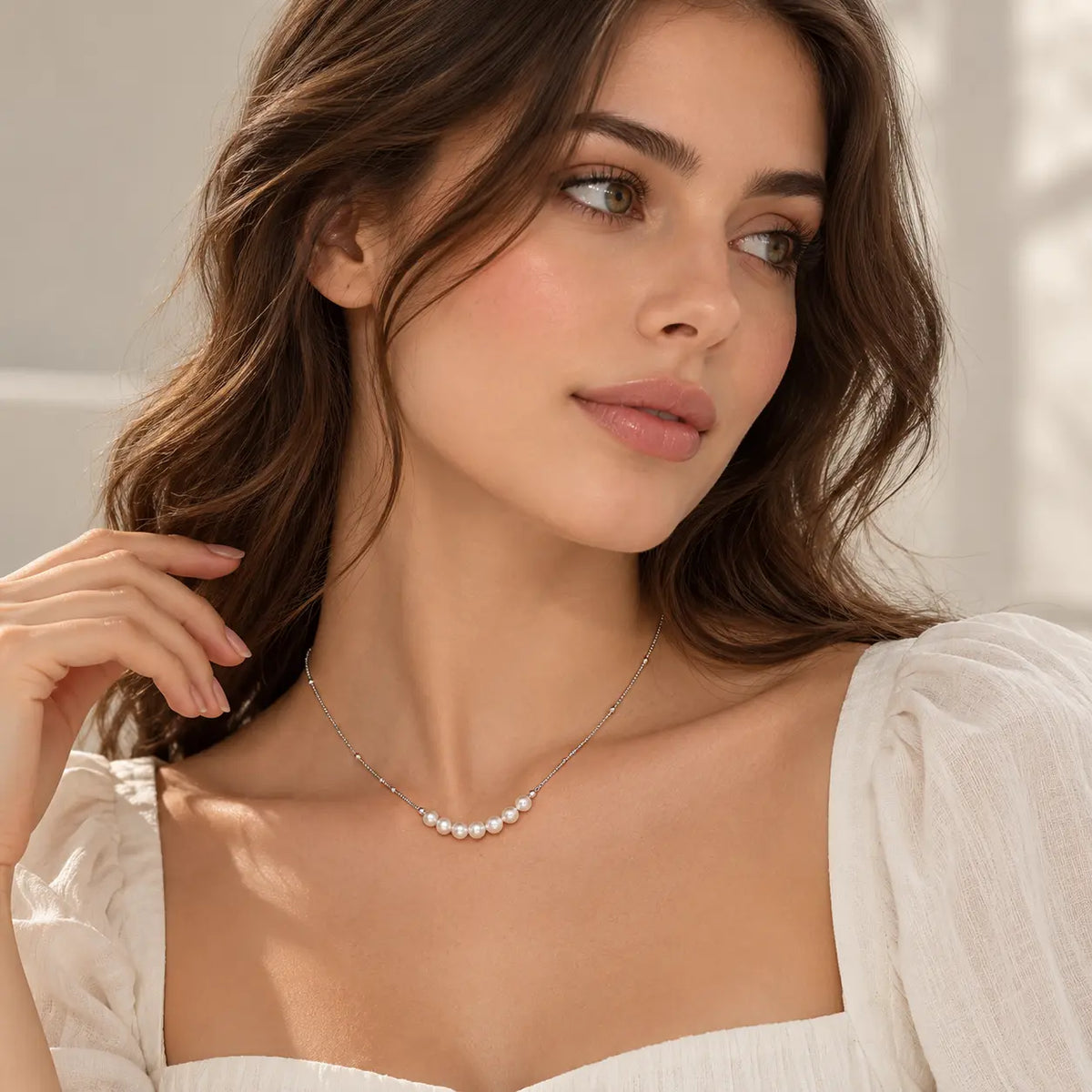 Pearl Crescent Satellite Necklace - Rhodium-Plated 925 Sterling Silver