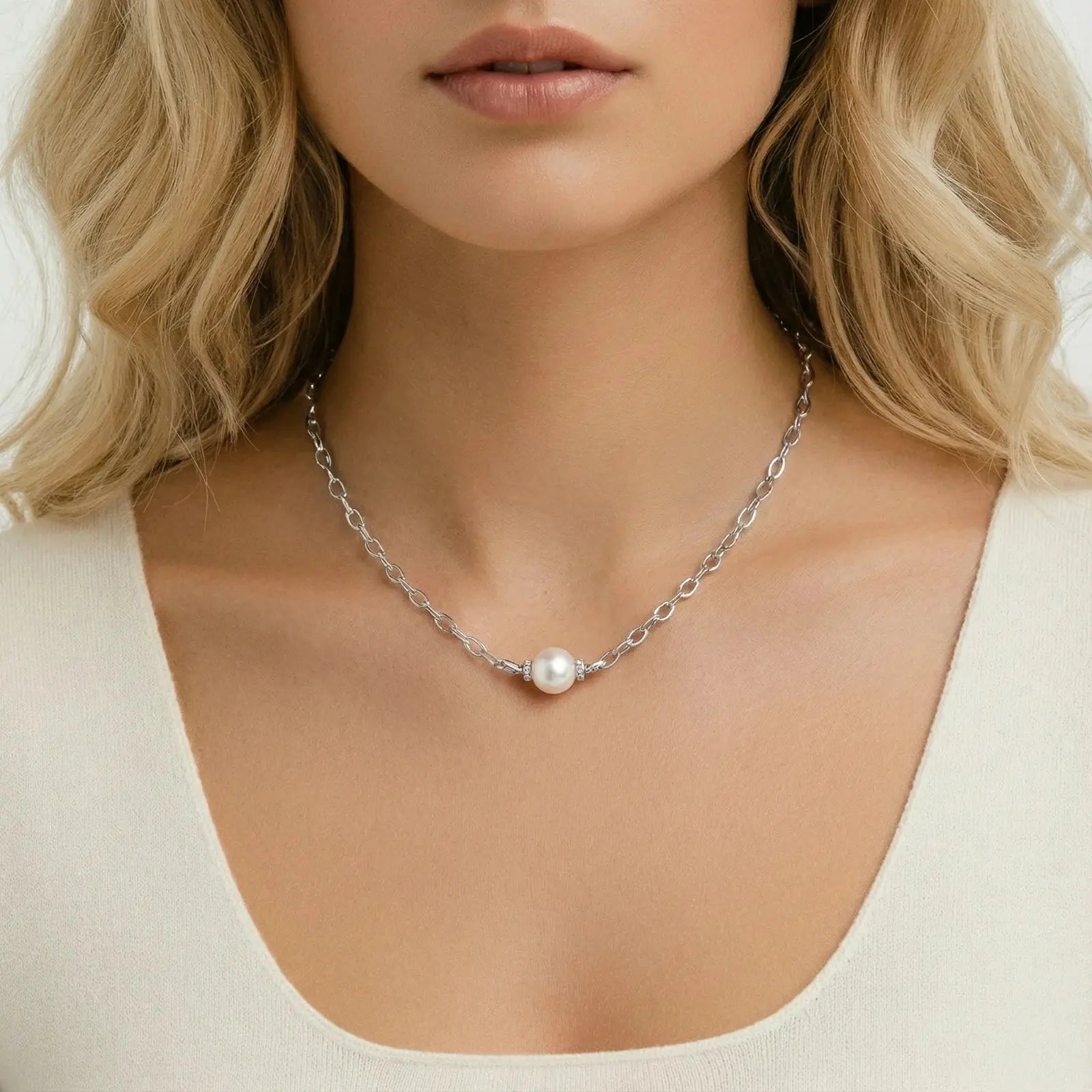 Pearl necklace on a model with a neutral background