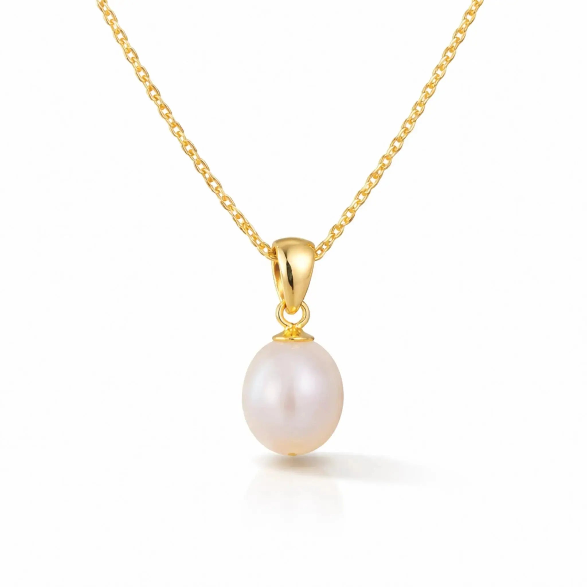 Gold necklace with a pearl pendant on a white background
