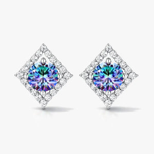 Rainbow moissanite halo stud earrings with square pavé setting in 925 silver
