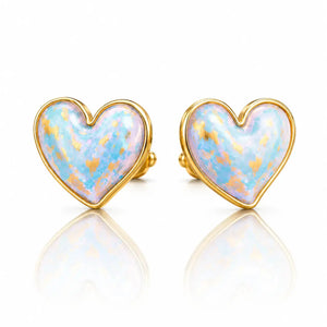 Heart-shaped earrings with gold frame and multicolored center on a white background