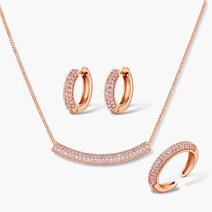 14K gold plated cubic zirconia necklace, hoop earrings, and adjustable ring set