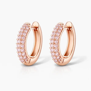 Rose gold plated hoop earrings with three rows of sparkling pavé cubic zirconia stones