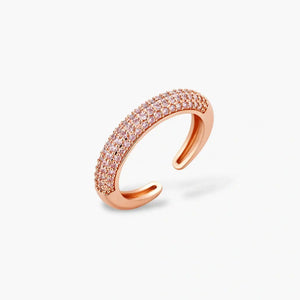 14K gold plated adjustable ring with pavé cubic zirconia, open band, on white background