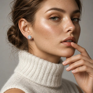 Close-up of a woman wearing a beige turtleneck sweater with a neutral background