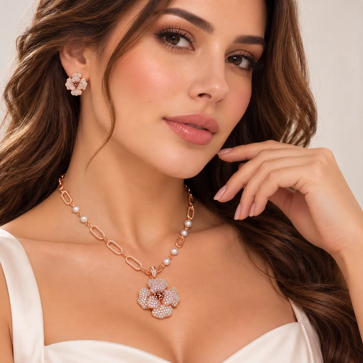 Pavé Flower Earrings & Pearl Necklace - 14K Gold Plated Jewellar