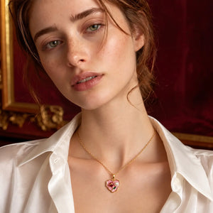 Rose & Pearl Enamel Heart Necklace - 18K Gold Plated