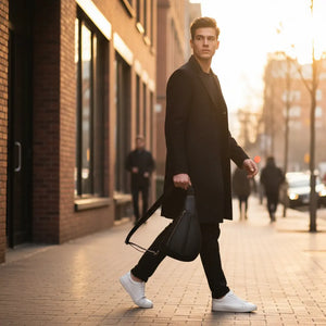 “Ryder men’s genuine leather chest shoulder crossbody bag in Coffee, Brown, or Black with top zipper and adjustable strap.”