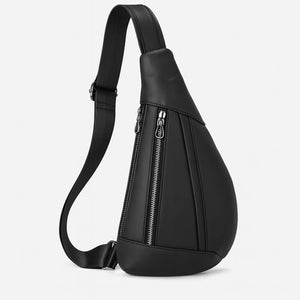 Ryder men’s genuine leather chest shoulder crossbody bag in Coffee, Brown, or Black with top zipper and adjustable strap.