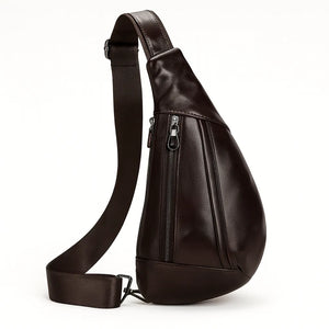Ryder men’s genuine leather chest shoulder crossbody bag in Coffee, Brown, or Black with top zipper and adjustable strap.