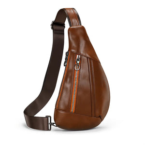 Ryder men’s genuine leather chest shoulder crossbody bag in Coffee, Brown, or Black with top zipper and adjustable strap.