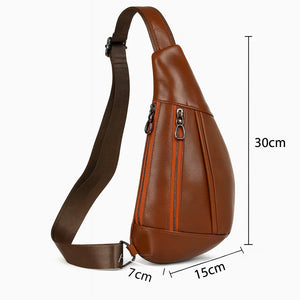 Ryder men’s genuine leather chest shoulder crossbody bag in Coffee, Brown, or Black with top zipper and adjustable strap.