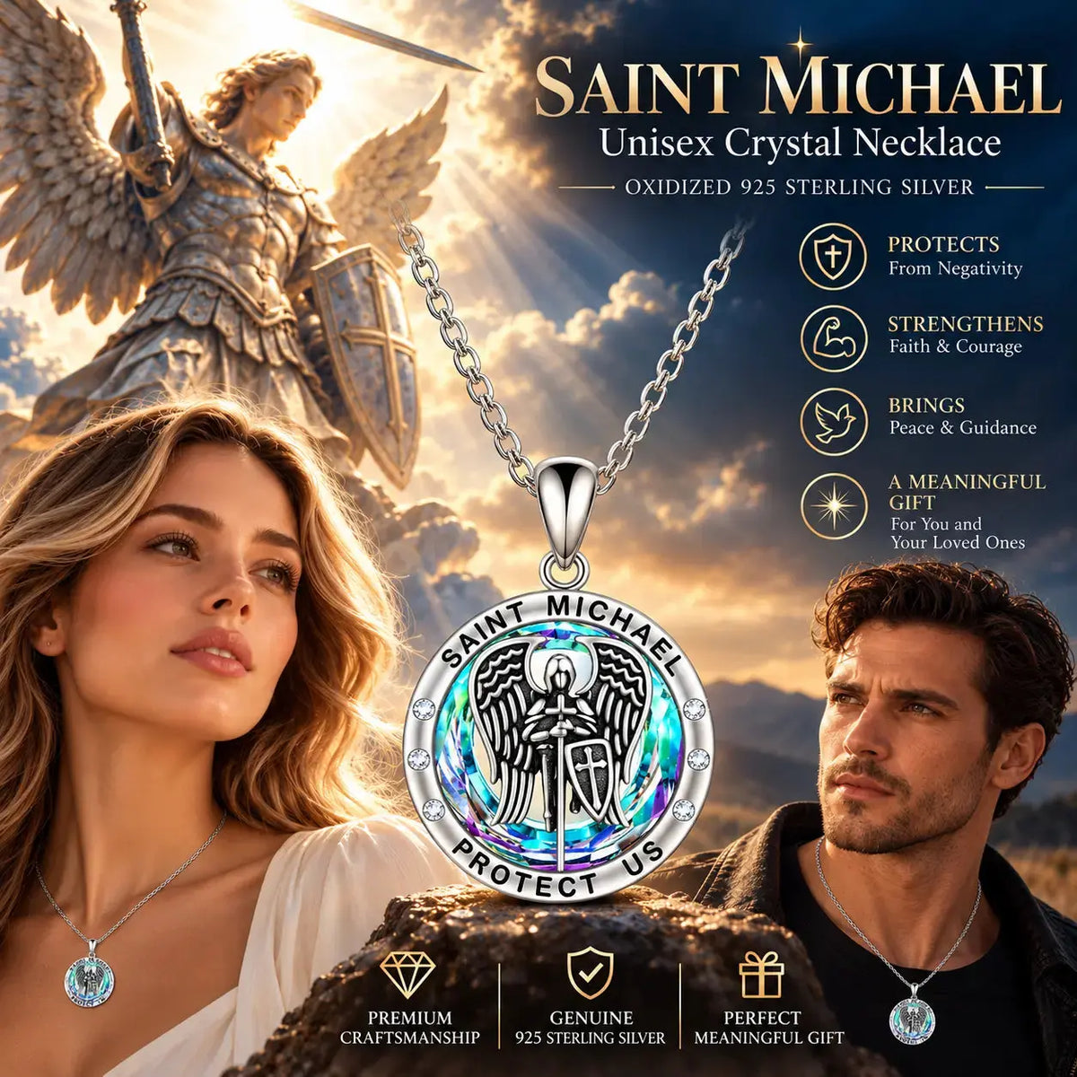 Saint Michael Unisex Crystal Necklace - Oxidized 925 Sterling Silver