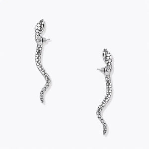 White gold snake drop earrings with detailed scale pattern on plain background