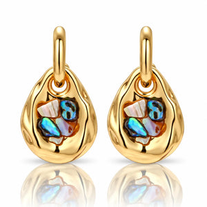A pair of gold teardrop-shaped earrings with a textured outer setting and an interior cluster of iridescent shell pieces in blue, white, and orange, shown on a white background with a soft reflection below.