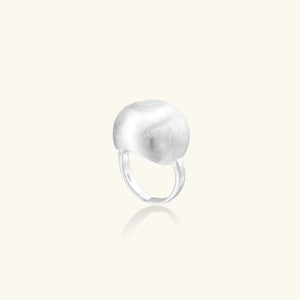 Silver ring with a textured ball design on a white background