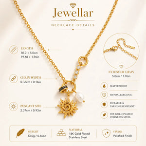 Gold-plated stainless steel necklace with a sun pendant and pearl accent, shown with detailed specifications and feature callouts on a cream background.