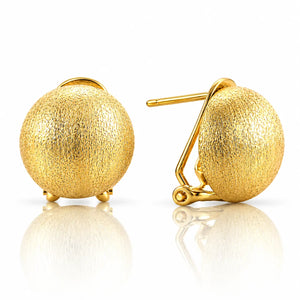 A pair of textured gold spherical stud earrings shown on a clean white background, with one earring facing forward and the other angled to show the post and back.