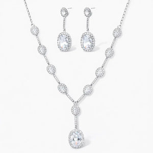 White gold plated Y-drop necklace and drop earrings set with oval and round cubic zirconia stones