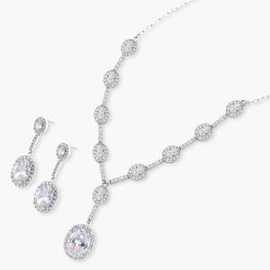 White gold plated necklace and drop earrings set with oval-cut AAA cubic zirconia on white background