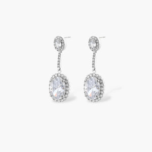 White gold plated drop earrings with oval AAA cubic zirconia stones and pavé detailing
