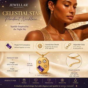 Jewelry advertisement for 'Celestial Star' pendant necklace with product details and model wearing it.