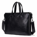 Stratford men’s 14-inch top-grain leather briefcase in Black/Brown/Camouflage Coffee with slim horizontal profile and zipper closure.