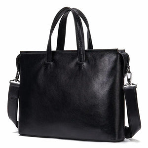 Stratford men’s 14-inch top-grain leather briefcase in Black/Brown/Camouflage Coffee with slim horizontal profile and zipper closure.