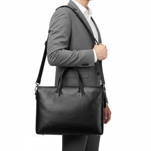 Stratford men’s 14-inch top-grain leather briefcase in Black/Brown/Camouflage Coffee with slim horizontal profile and zipper closure.