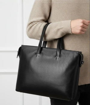 Stratford men’s 14-inch top-grain leather briefcase in Black/Brown/Camouflage Coffee with slim horizontal profile and zipper closure.