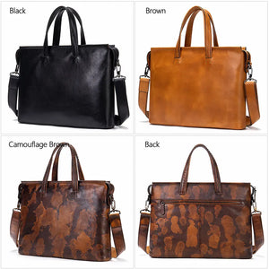 Stratford men’s 14-inch top-grain leather briefcase in Black/Brown/Camouflage Coffee with slim horizontal profile and zipper closure.