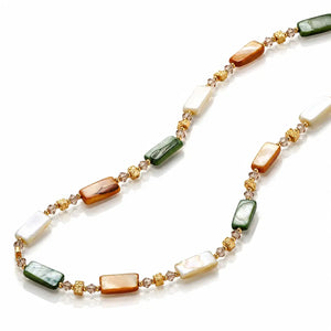 A beaded necklace featuring rectangular natural shell beads in white, green, and orange-brown, separated by small gold-toned spacers, displayed on a clean white background.