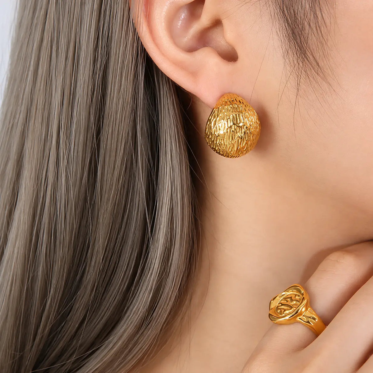 Textured Dome Stud Earrings - 18K Gold PVD or Silver Tone