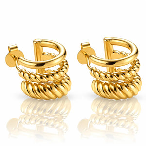 Triple Band Rope Huggie Earrings - 24K Gold Plated