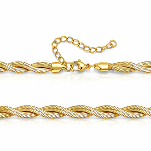 A gold-toned twisted rope chain necklace with a lobster clasp and extender chain, shown on a clean white background.