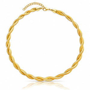 A gold twisted rope chain necklace with a lobster clasp and extension chain, displayed on a clean white background with a subtle reflection.