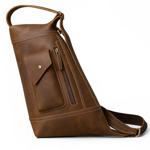 Vanguard men’s genuine leather crossbody chest bag in classic brown with adjustable strap and zipper closure, 32×16×42 cm.