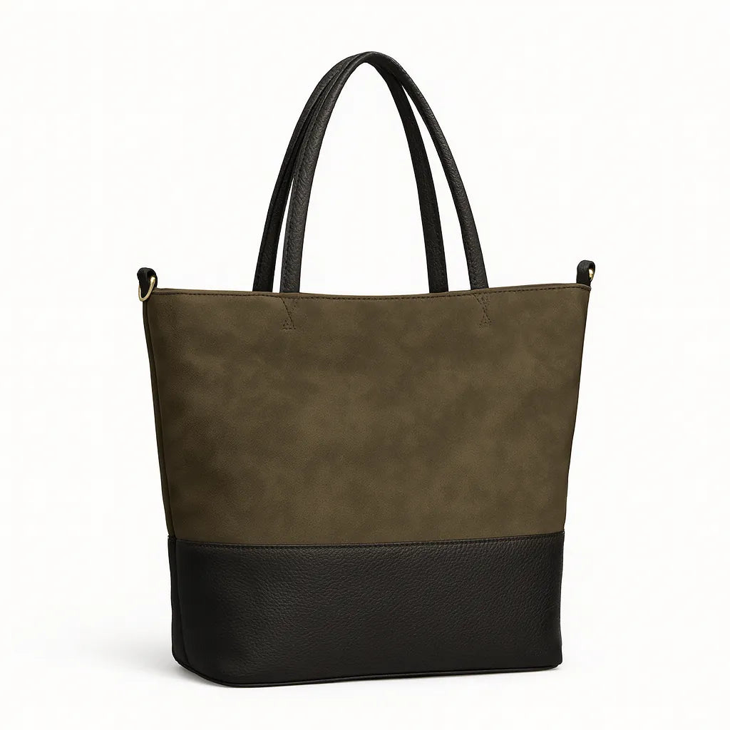 Women’s large color-block PU messenger tote with zipper closure and shoulder strap in modern European–American style.
