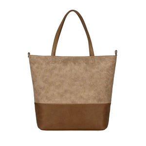 Women’s large color-block PU messenger tote with zipper closure and shoulder strap in modern European–American style.