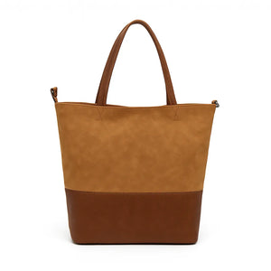 Women’s large color-block PU messenger tote with zipper closure and shoulder strap in modern European–American style.