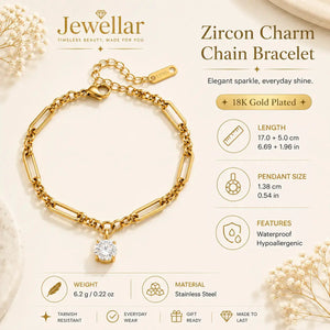 Jewellar Zircon Charm Chain Bracelet in 18K Gold Plated stainless steel, featuring a large paperclip-style chain and a dangling clear zircon stone. The image includes product specifications, weight, material, and care icons on a light cream background with decorative dried flowers.