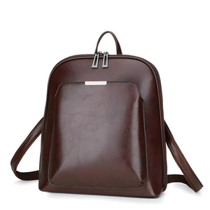 Casual Travel Leather Backpack in PU leather with zipper closure, available in Black and Brown, lightweight and spacious for daily essentials.