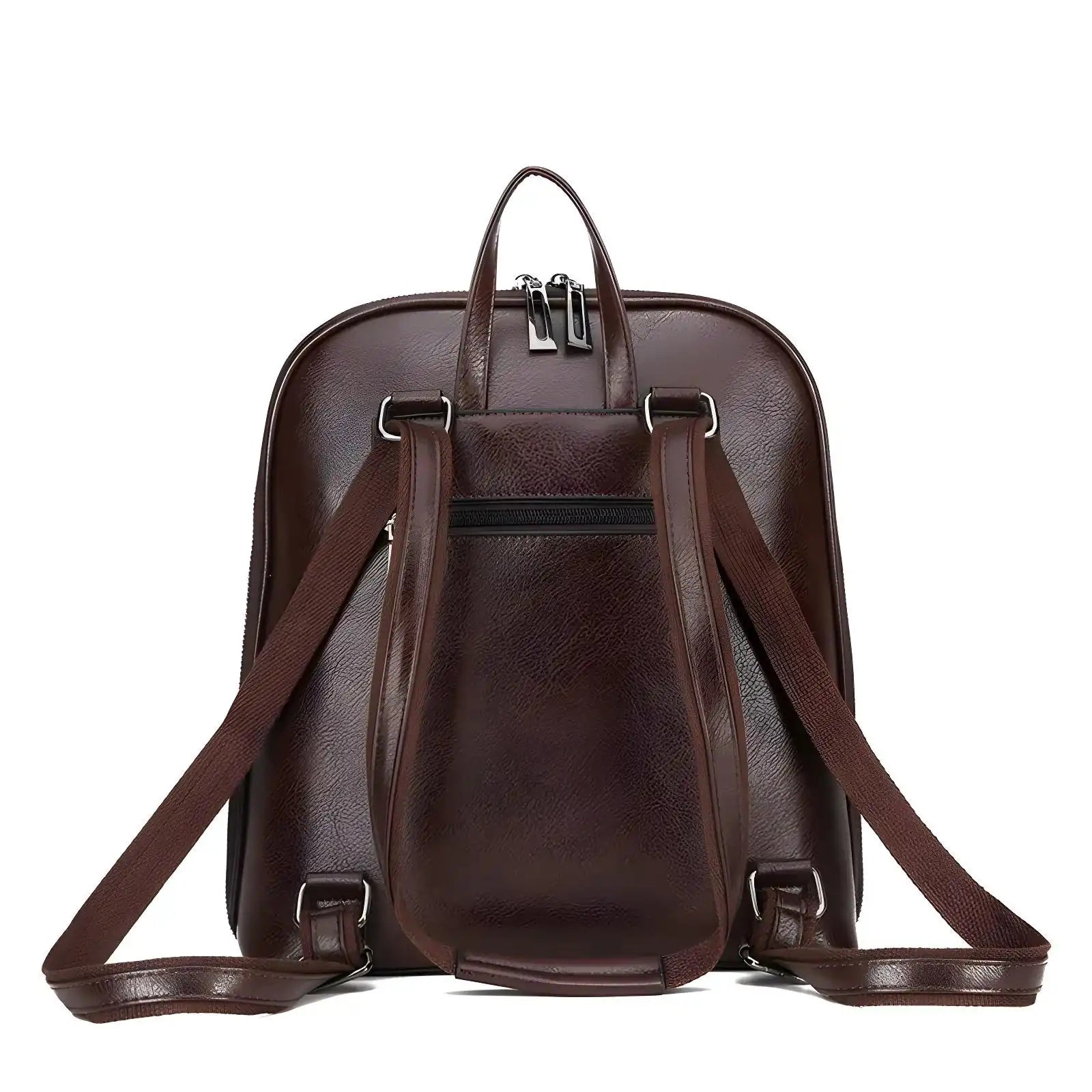 Casual Travel Leather Backpack in PU leather with zipper closure, available in Black and Brown, lightweight and spacious for daily essentials.