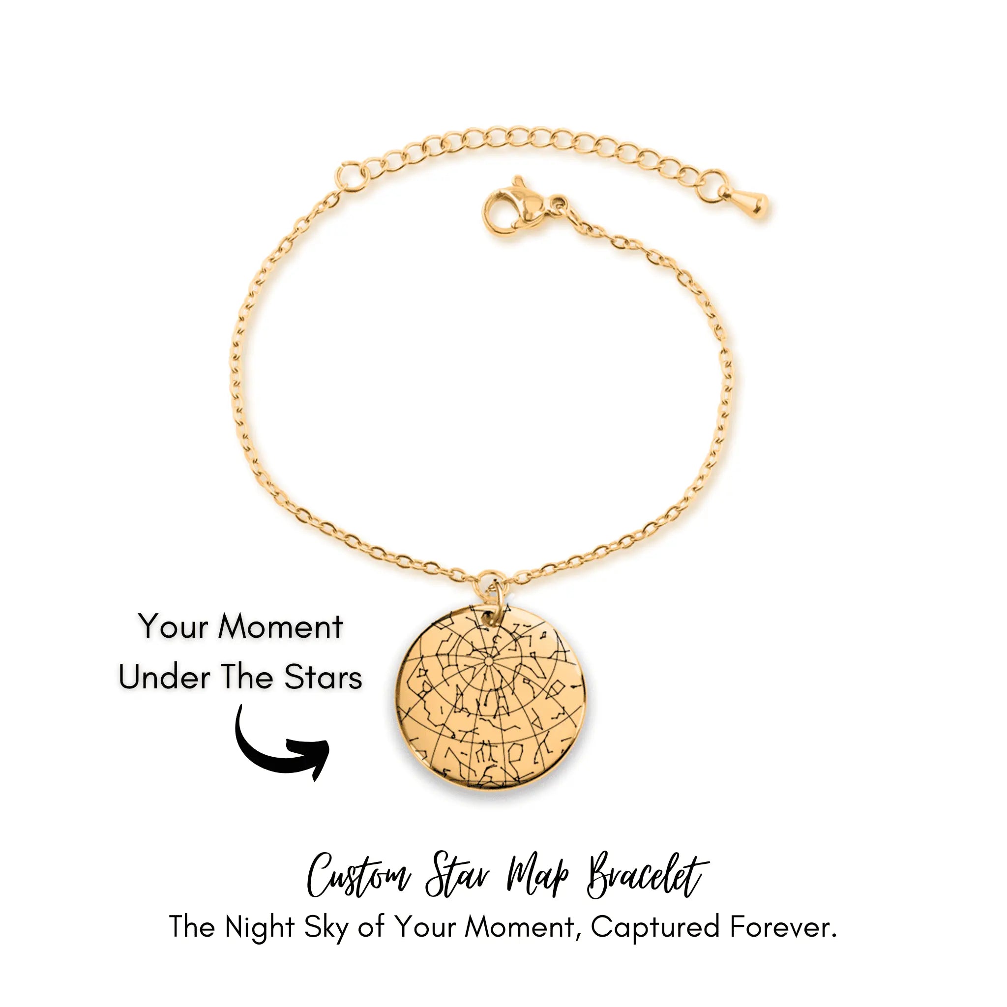 Gold custom star map bracelet with constellation design and adjustable chain from Jewellar