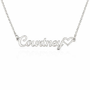 Silver necklace with 'Courtney' and a heart on a white background