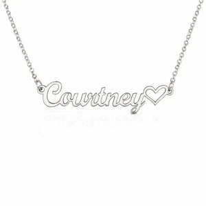 Silver necklace with 'Courtney' and a heart on a white background
