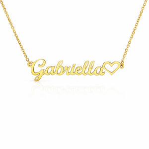 Gold necklace with 'Gabriella' and a heart on a white background